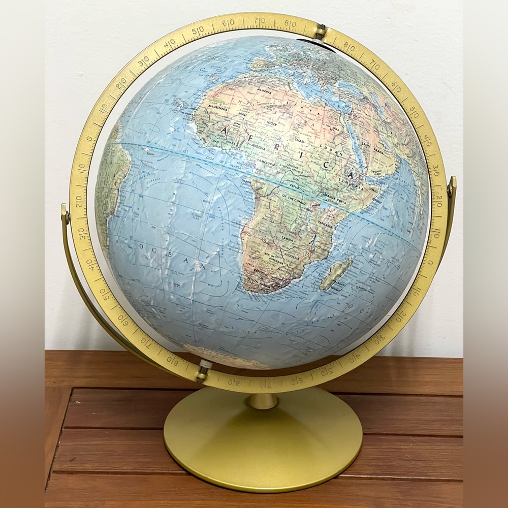 Vintage Replogle Land & Sea Rotating Globe Textured Raised Relief Sundial 12 in